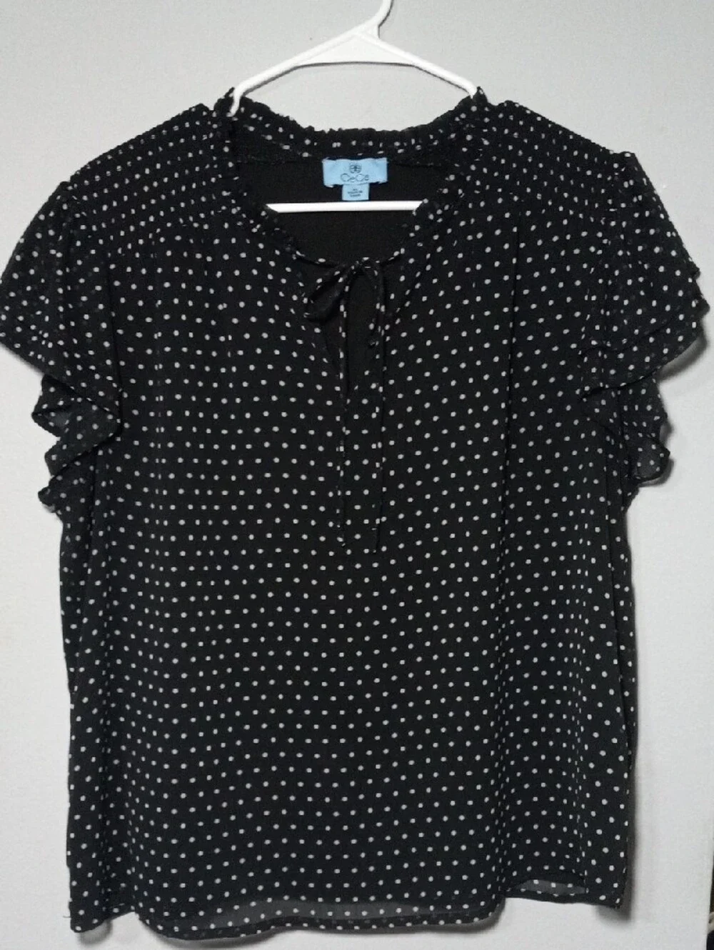 CeCe Black and White Polka Dot Tie-Neck Blouse - Picture 6 of 7